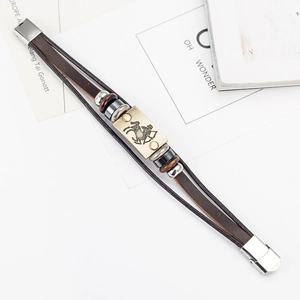 Retro Sagittarius leather bracelet with multi-layer beads and polished steel clasp
