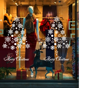 White Christmas snowflake tree window decals with Merry Christmas text for shop storefront