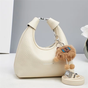 Women Litchi Texture PU Leather Handbag Hobo Shoulder Crossbody Bag With Detachable Strap And Plush Pendant Fashion