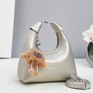 Silver litchi texture leather hobo shoulder bag with a cute brown plush pendant