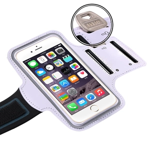 Purple touchscreen running armband with key pocket and headphone jack for sports