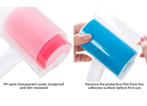 Detail of pink and blue lint rollers showing the protective cover and high adhesive roller