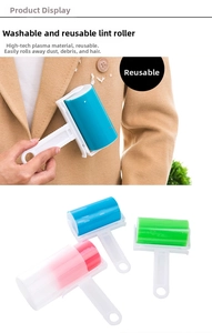Washable lint roller for clothing and carpets showing three color options and usage
