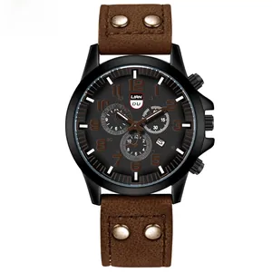 Men's retro quartz watch with black matte case and brown leather rivet strap