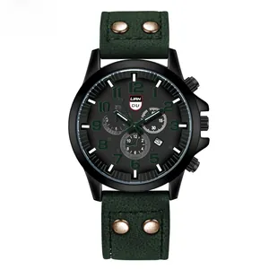 Men's fashion quartz watch with black dial and dark green leather strap with studs