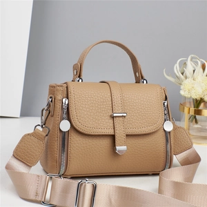 Litchi Grain PU Leather Handbag With Wide Webbed Shoulder Strap Casual Crossbody Bag For Women Fashion Top Handle Satchel