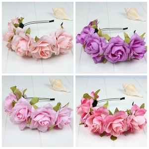 Detailed views of handmade Mexican floral headbands in four different rose colors