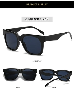 Multi-angle views of black square sunglasses showing front, side and folded positions