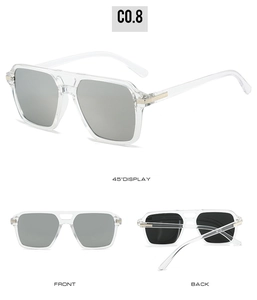 Macro view of transparent square sunglasses with double bridge and silver mirror lenses