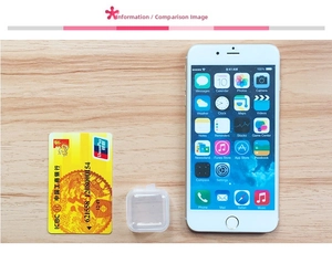 Size comparison of a small transparent square plastic storage box next to a smartphone
