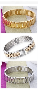 Detailed view of stainless steel watch band bracelets in gold, silver and two-tone finishes