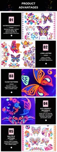 Détail montrant des motifs de papillons fluorescents pour tatouages temporaires