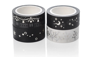Detail view of 4-roll washi tape set featuring silver foil moon and star patterns
