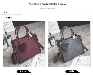 Detail of burgundy and grey frosted faux leather handbags with plush fur ball charms