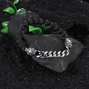 Vintage Buddha head lava stone beaded bracelet with antique silver Cuban chain