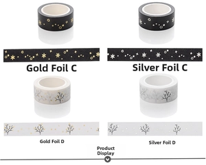 Detail view of gold and silver foil washi tape rolls with celestial and winter patterns