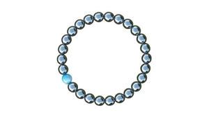 Detailed close-up of gun black beaded bracelet featuring a single blue cat eye stone bead