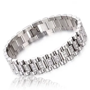 Men Stainless Steel Iced Out Presidential Link Bracelet With Cubic Zirconia Hip Hop Fashion Jewelry