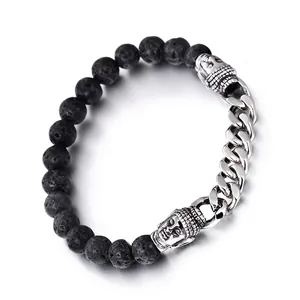 Men Stainless Steel Bracelet With Black Lava Stone Beads And Buddha Head Retro Religious Cuban Link Chain Jewelry