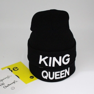 Black knit beanie with 3D KING and QUEEN embroidery for winter warmth and casual style