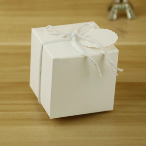 Detail of a minimalist white kraft paper gift box with white cotton twine and round tag