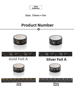 Detailed view of 15mm washi tape with gold and silver foil star and building patterns
