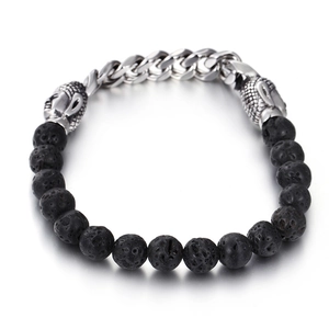Men's volcanic lava stone bead bracelet with stainless steel chain and Buddha charms