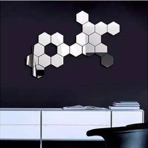 Modern hexagonal acrylic mirror wall stickers with reflective silver DIY honeycomb design