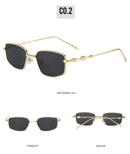 Detailed views of gold square sunglasses with bamboo-style temples and dark lenses