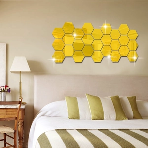 Golden hexagon acrylic mirror wall stickers DIY geometric decor for living room