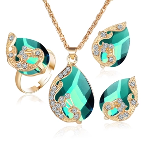 Gold plated emerald crystal jewelry set including peacock teardrop necklace, earrings and ring