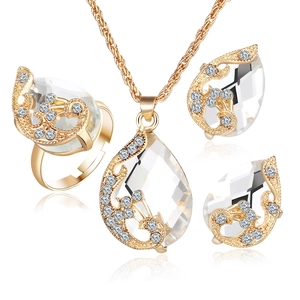 Elegant gold plated jewelry set with crystal teardrop necklace earrings and ring for women