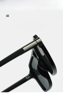 Detail of square sunglasses showing high-elastic metal hinges and lightweight material