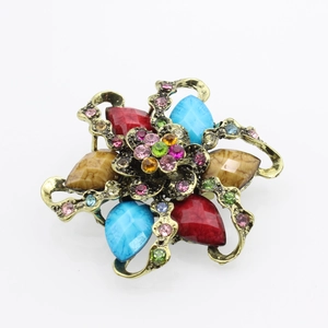 Vintage bronze flower brooch with colorful teardrop resin gemstones and rhinestones