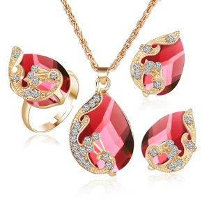 Elegant gold plated peacock jewelry set with red crystal teardrop necklace and earrings