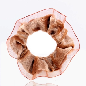 Close-up of brown velvet and mesh ponytail cuff hair ring on white background