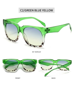 Detailed view of green tortoiseshell sunglasses with gradient blue yellow lenses