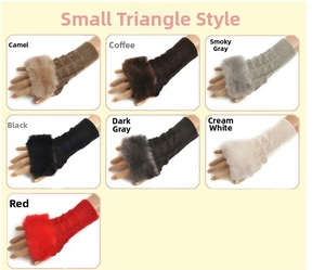 Collage of long knit fingerless gloves with faux fur trim in seven various colors