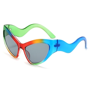 Stylish cat eye sunglasses with rainbow gradient frames and wavy temples on white background