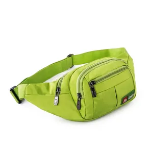 Neon green waterproof nylon waist bag with multi-layer zippers and adjustable buckle belt