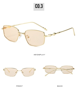 Detailed views of gold rectangular sunglasses with amber lenses and geometric temples
