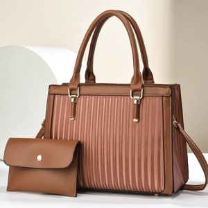 Ensemble sac à main marron plissé en cuir PU pour femme avec petite pochette assortie