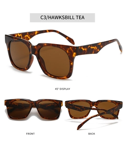 Three views of square hawksbill tea sunglasses showing front, back and 45-degree angle