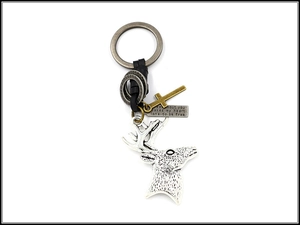 Detail of vintage metal elk deer head pendant with leather cord and engraved plate