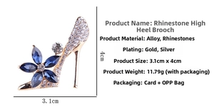 Detail showing dimensions of rhinestone high heel brooch with blue crystal accents