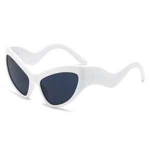 White cat eye sunglasses with grey lenses and unique wavy temple design for women
