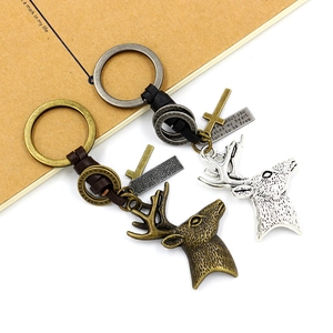 Vintage metal elk reindeer leather keychain in bronze and silver finish for Christmas gift