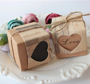 European kraft paper wedding candy box with heart cutout, Love text and jute twine detail