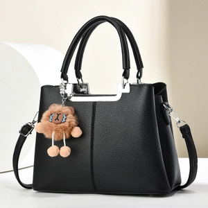 Fashion Women Handbag Litchi Grain PU Leather Top Handle Crossbody Bag With Metal Bar And Plush Bear Charm Daily Style