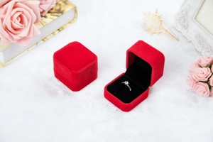 Details einer roten Samt-Ringbox mit schwarzer Polsterung und silbernem Diamantring